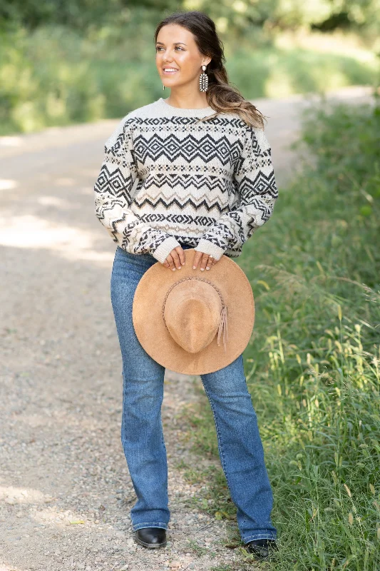 Oatmeal and Black Aztec Print Sweater