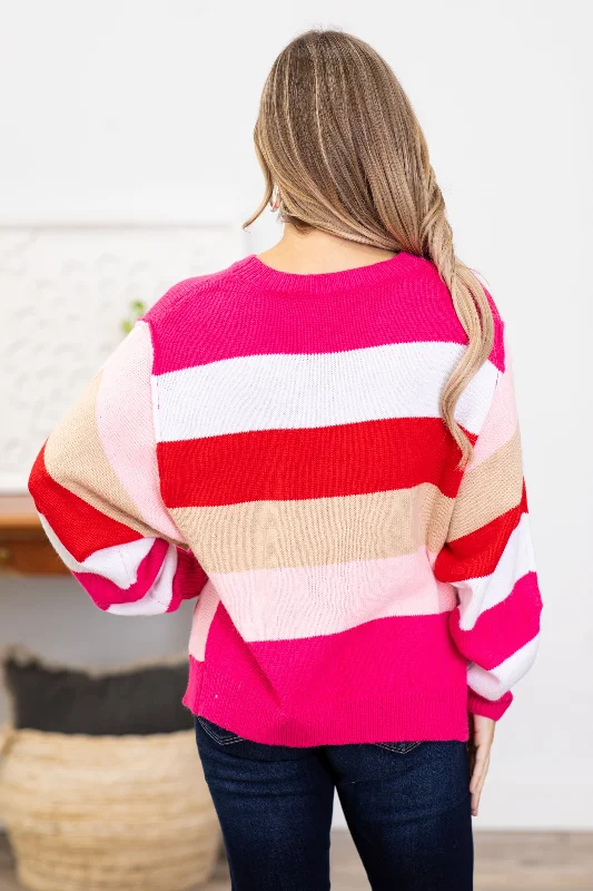 Red and Pink Stripe Colorblock Sweater