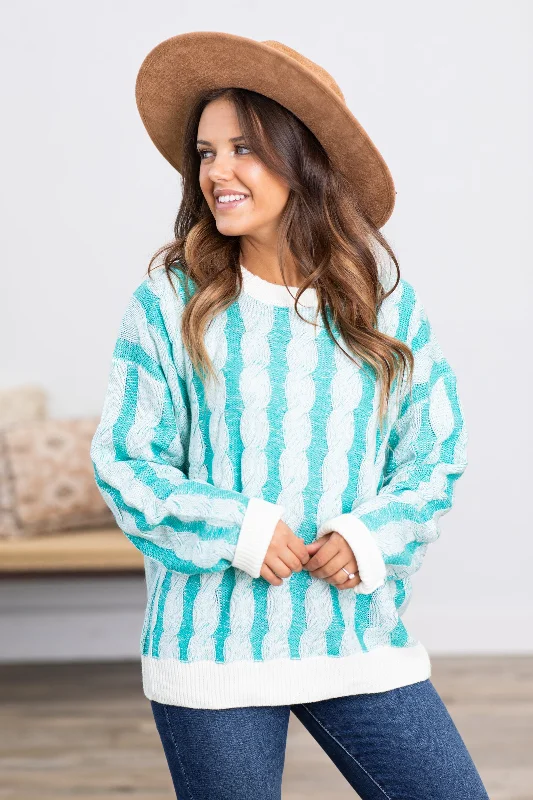 Turquoise and Ivory Cable Knit Sweater