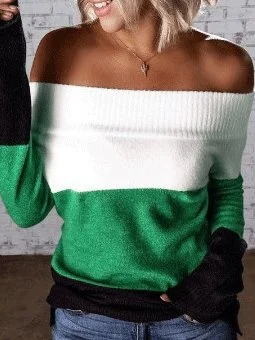 Women's Sweaters Colorblock Long Sleeve Boat Neck Off-Shoulder Sweater