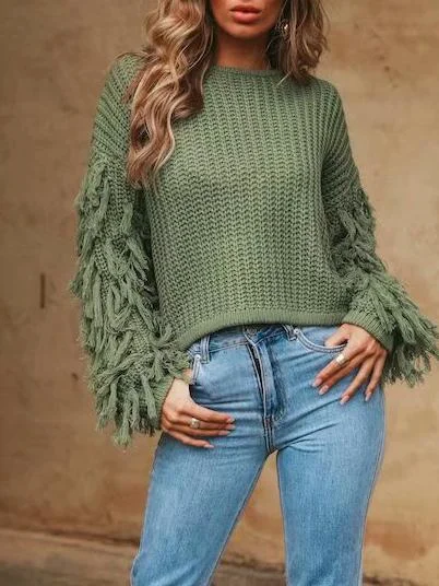 Women's Sweaters Round Neck Fringed Long Sleeve Sweater