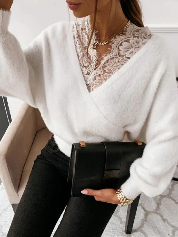 Women's Sweaters Sweet Lace V-Neck Long Sleeve Sweater