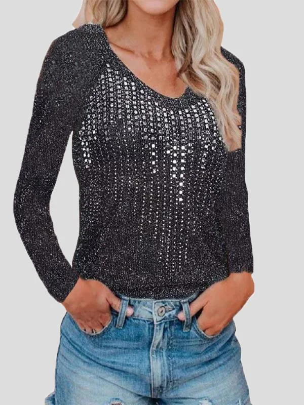 Women's Sweaters V-Neck Long Sleeve Nightclub Sparkling Diamond-Studded Knitted Sweater