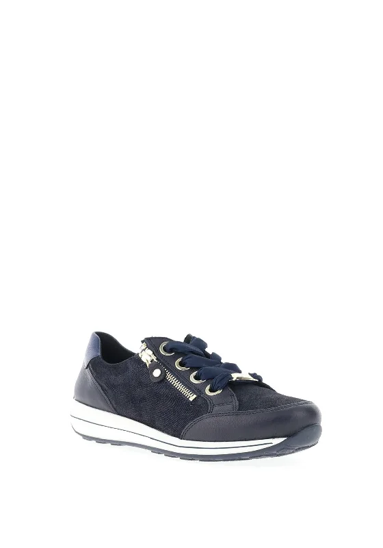 Ara Pebble Leather Side Zip Trainers, Blue Night