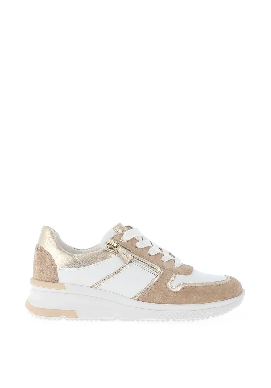 Ara Pebble Leather Metallic Panel Zip Trainers, White Sand & Platinum