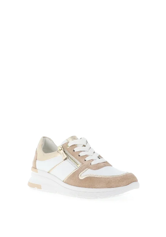 Ara Pebble Leather Metallic Panel Zip Trainers, White Sand & Platinum