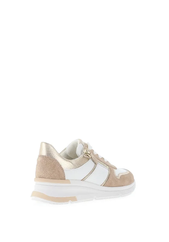 Ara Pebble Leather Metallic Panel Zip Trainers, White Sand & Platinum