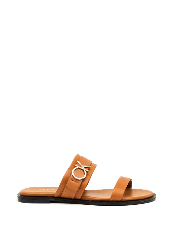 Calvin Klein Womens Logo Leather Sandals, Tan