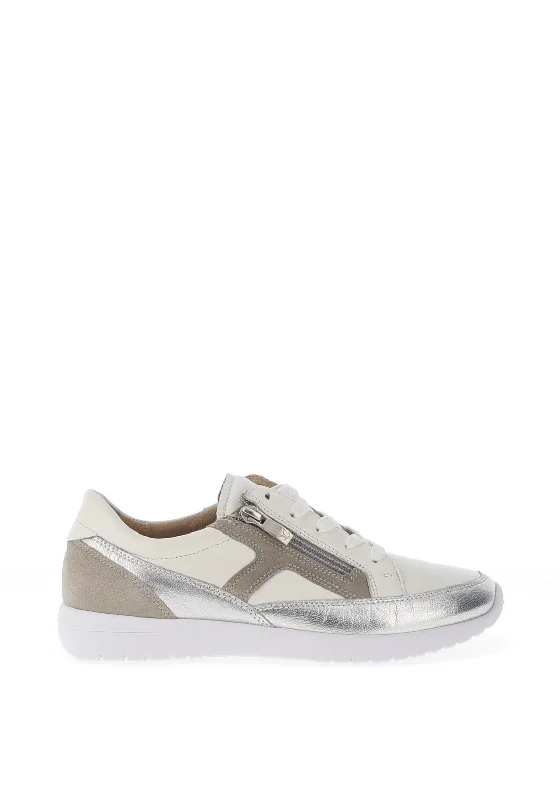 Caprice Metallic Leather Side Zip Trainers, White Combo