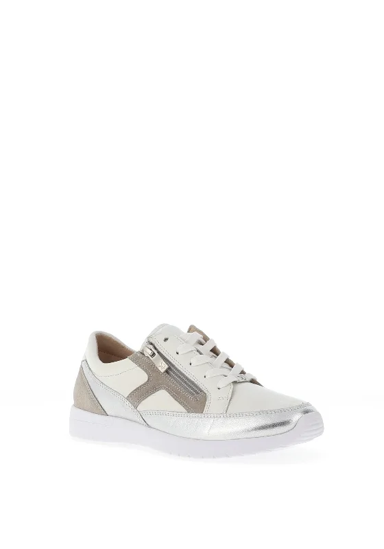 Caprice Metallic Leather Side Zip Trainers, White Combo