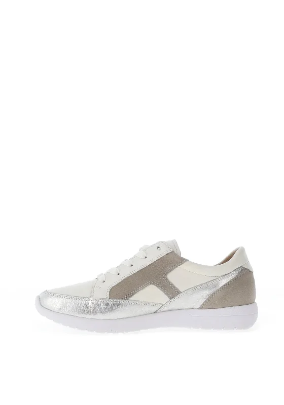 Caprice Metallic Leather Side Zip Trainers, White Combo