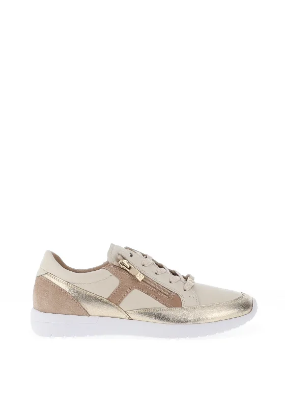 Caprice Metallic Leather Side Zip Trainers, Sand Combo