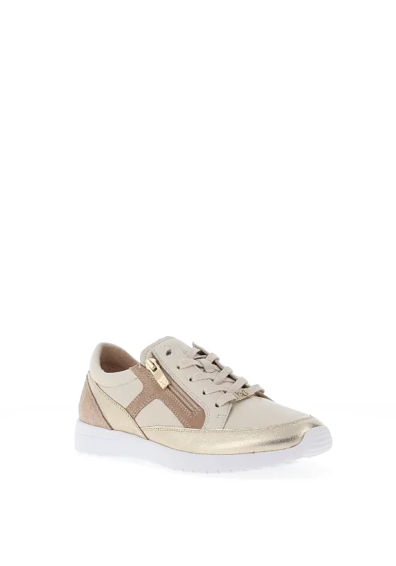 Caprice Metallic Leather Side Zip Trainers, Sand Combo