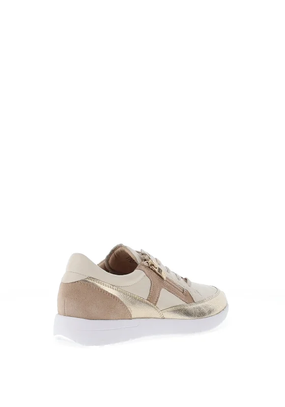 Caprice Metallic Leather Side Zip Trainers, Sand Combo