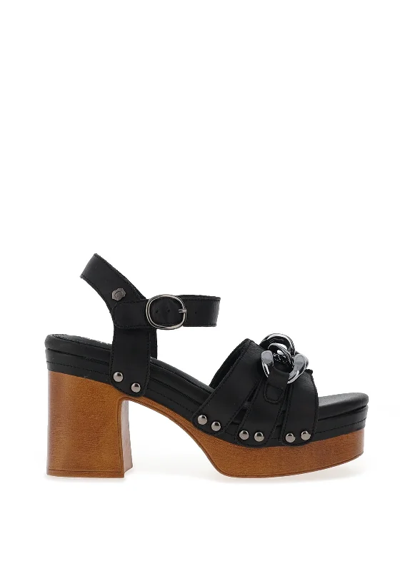 Carmela Leather Chain Block Heel Chunky Sandals, Black