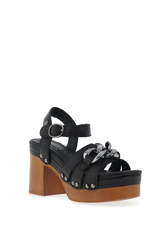 Carmela Leather Chain Block Heel Chunky Sandals, Black