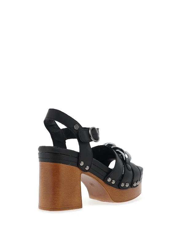 Carmela Leather Chain Block Heel Chunky Sandals, Black