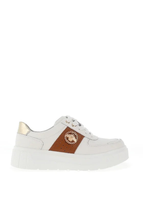 Redz Leather Bee Charm Chunky Platform Trainers, White & Tan