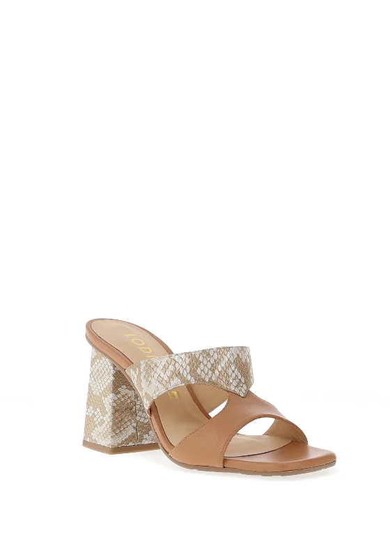 Lodi Leather Snake Skin Block Heel Mules, Softy Camel