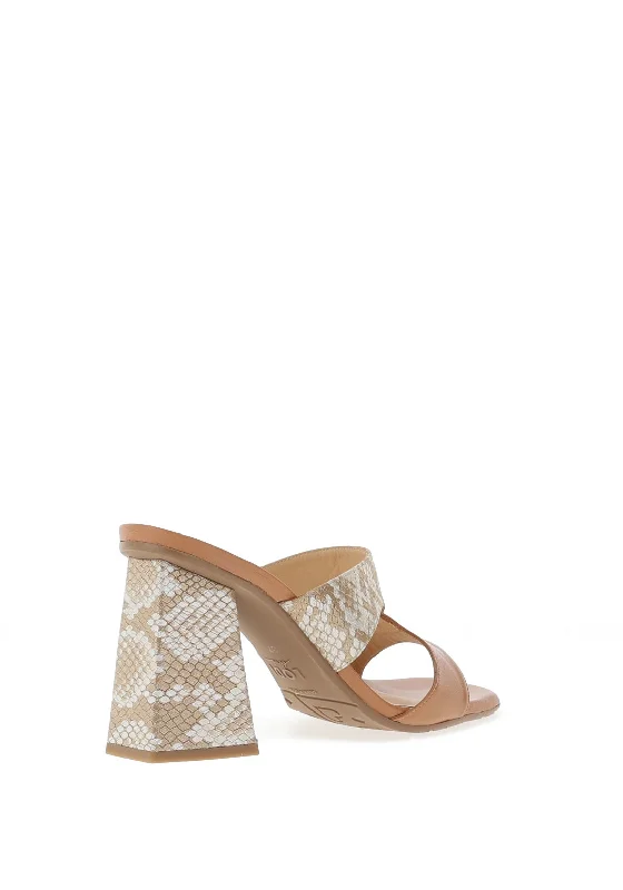 Lodi Leather Snake Skin Block Heel Mules, Softy Camel