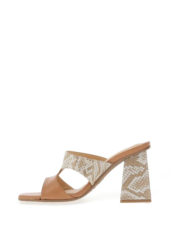 Lodi Leather Snake Skin Block Heel Mules, Softy Camel