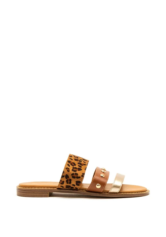 Lunar Animal Print Stud Slip on Sandals, Brown