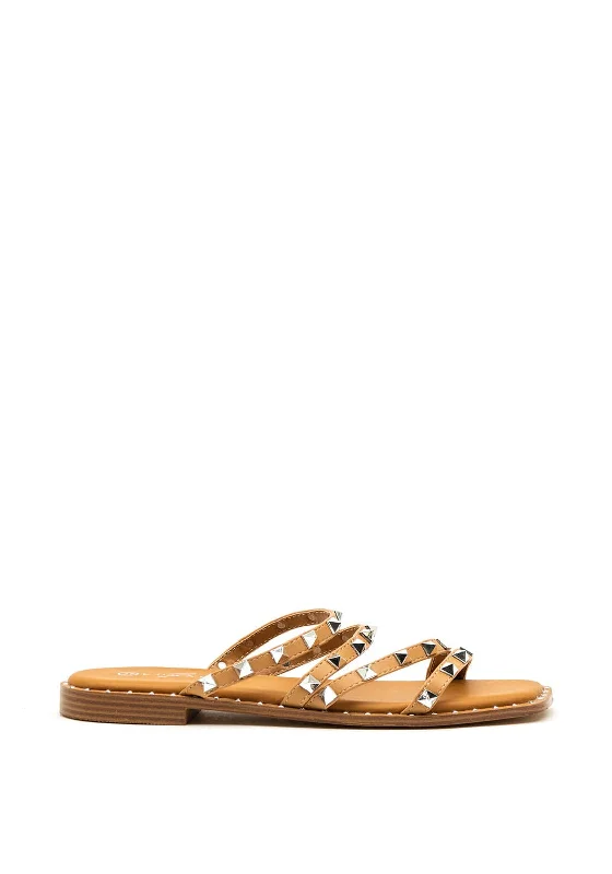 Lunar Sydney Stud Strap Slip on Sandals, Tan