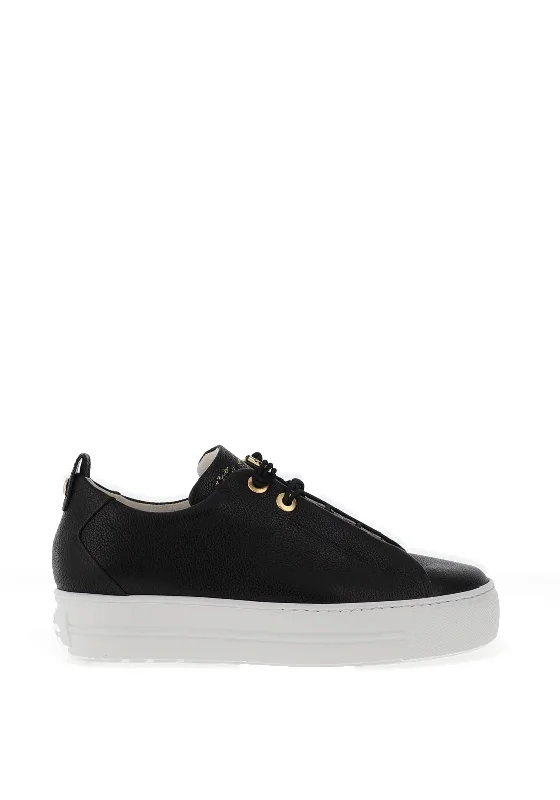 Paul Green Leather Elastic Lace Platform Trainers, Maincalf Black & Gold