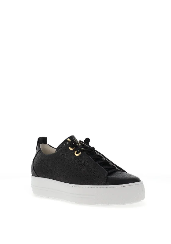 Paul Green Leather Elastic Lace Platform Trainers, Maincalf Black & Gold