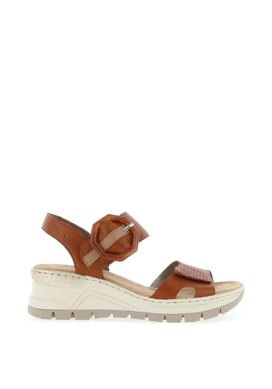 Rieker Faux Buckle Velcro Strap Wedge Sandals, Tan