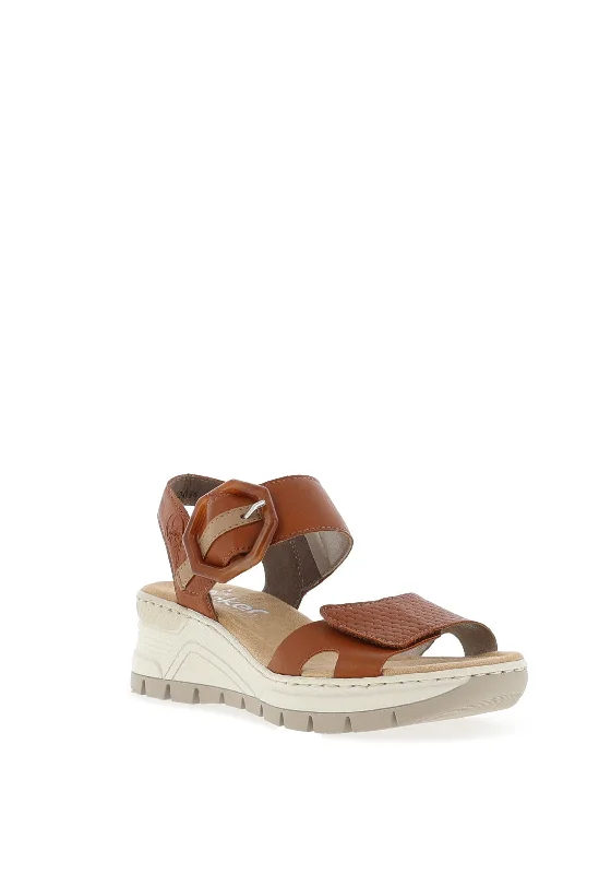 Rieker Faux Buckle Velcro Strap Wedge Sandals, Tan