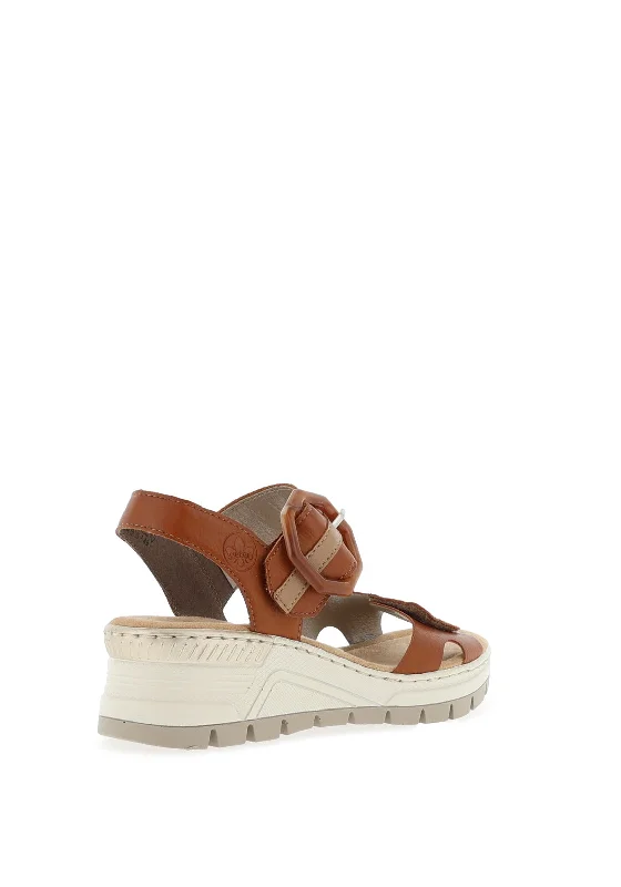 Rieker Faux Buckle Velcro Strap Wedge Sandals, Tan