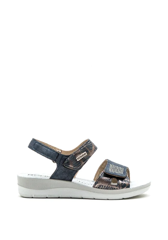 Rohde Leather Metallic Velcro Strap Sandals, Navy