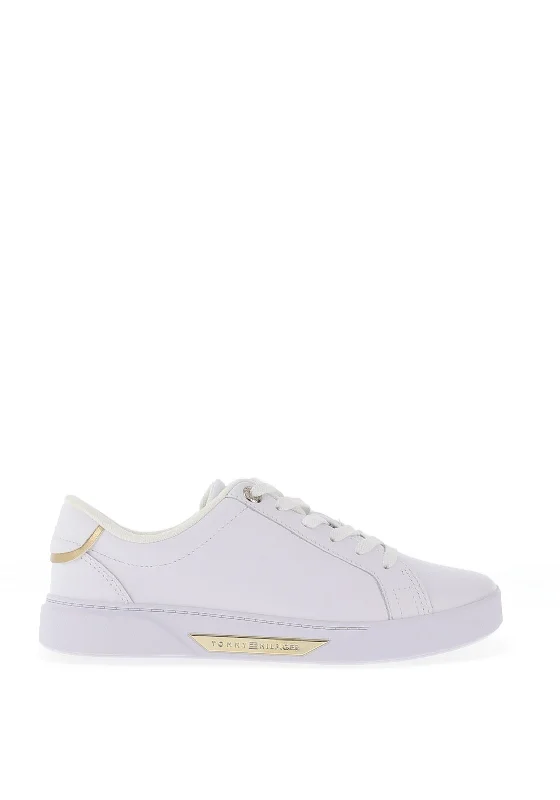 Tommy Hilfiger Womens Leather Metallic trim Court Trainers, White