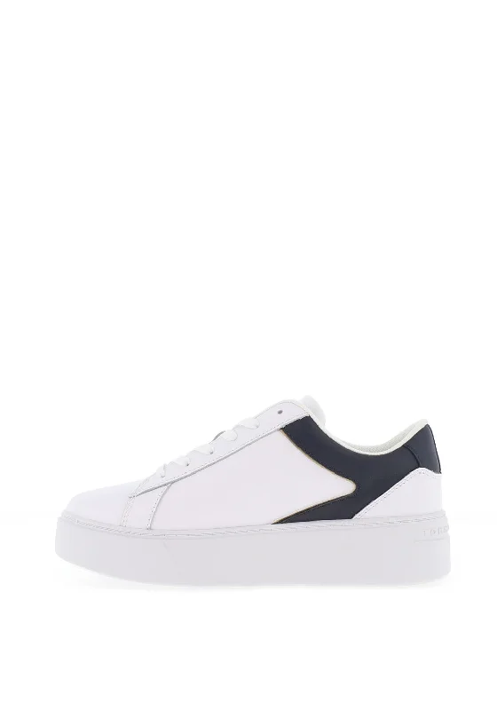 Tommy Hilfiger Womens Leather Platform Court Trainers, White & Space Blue