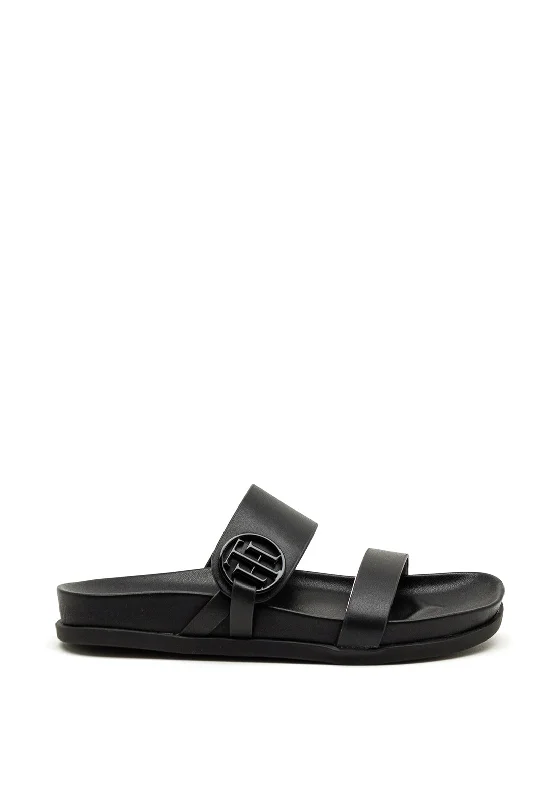 Tommy Hilfiger Womens Leather Slider Sandals, Black