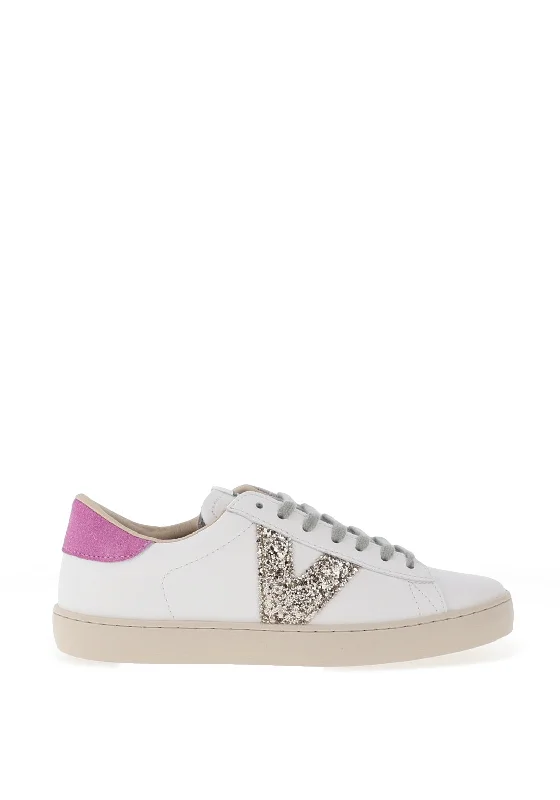 Victoria Womens Berlin Leather Glitter Logo Trainers, White & Fuchsia