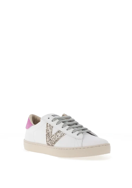 Victoria Womens Berlin Leather Glitter Logo Trainers, White & Fuchsia