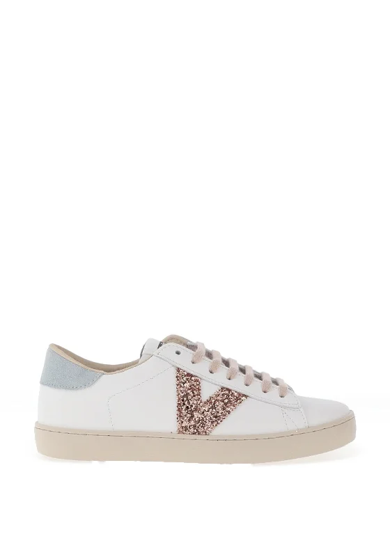 Victoria Womens Berlin Leather Glitter Logo Trainers, White & Jade