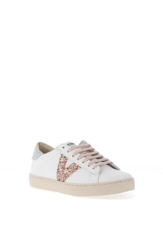 Victoria Womens Berlin Leather Glitter Logo Trainers, White & Jade