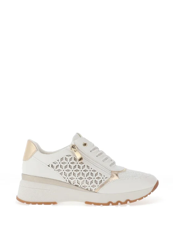 Marco Tozzi Faux Leather Glittered Trainers, White & Gold