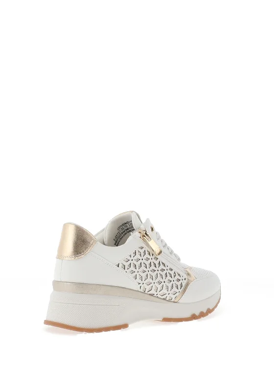 Marco Tozzi Faux Leather Glittered Trainers, White & Gold