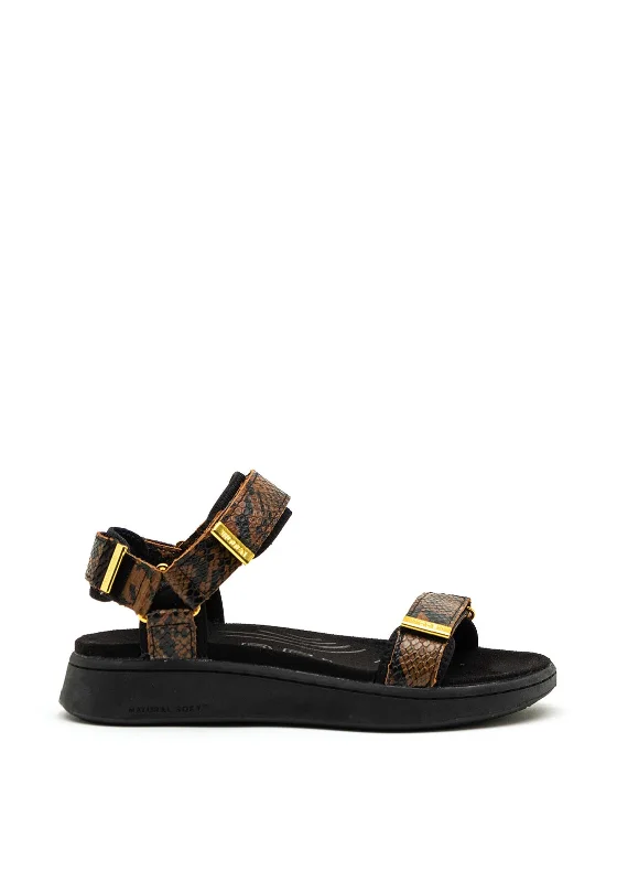 Woden Snake Leather Velcro Strap Sandals, Brown