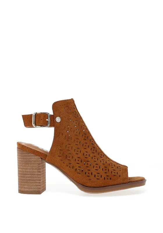 Xti Laser Cut Block Heel Mule Sandals, Camel