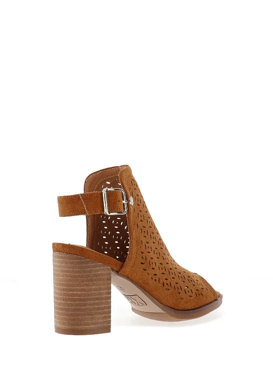 Xti Laser Cut Block Heel Mule Sandals, Camel