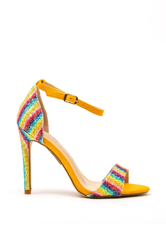 Zen Collection Rainbow Striped Glitter Heeled Sandals, Yellow