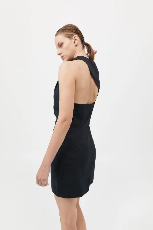 Asymmetric Tuck Mini Dress - Black