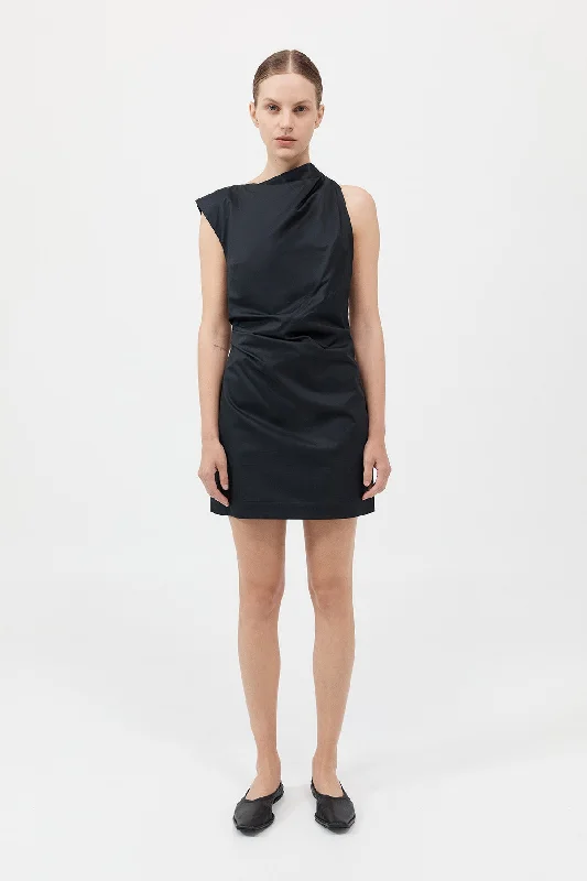 Asymmetric Tuck Mini Dress - Black