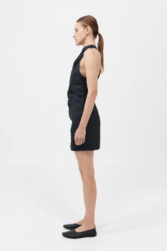 Asymmetric Tuck Mini Dress - Black