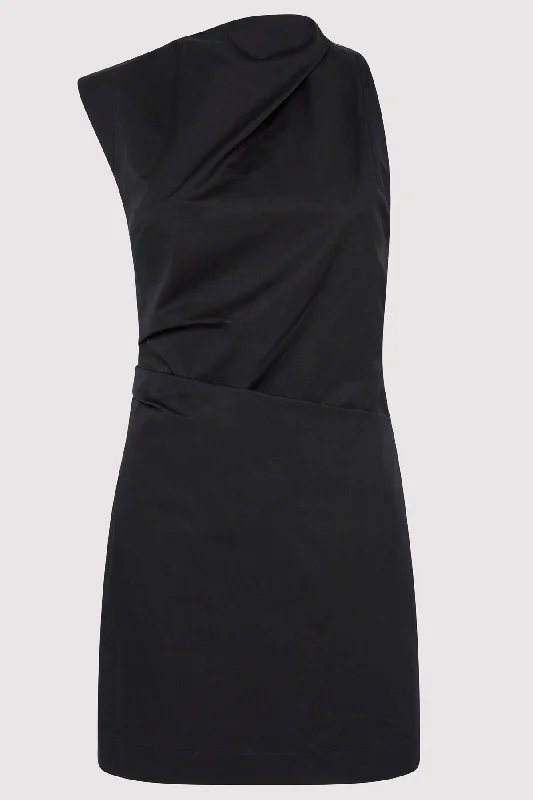 Asymmetric Tuck Mini Dress - Black